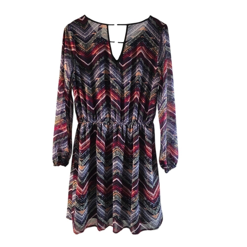 Xhilaration Womens Chevron Print Long Sleeve Chiffon Dress Multi-Color Large - Picture 6 of 8